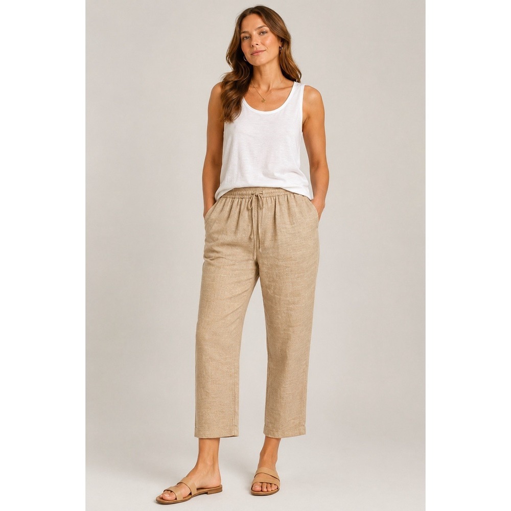 J.Crew 100% Linen Pull On Pants Tan Beige Drawstring Crop Size 10 27 Inseam
